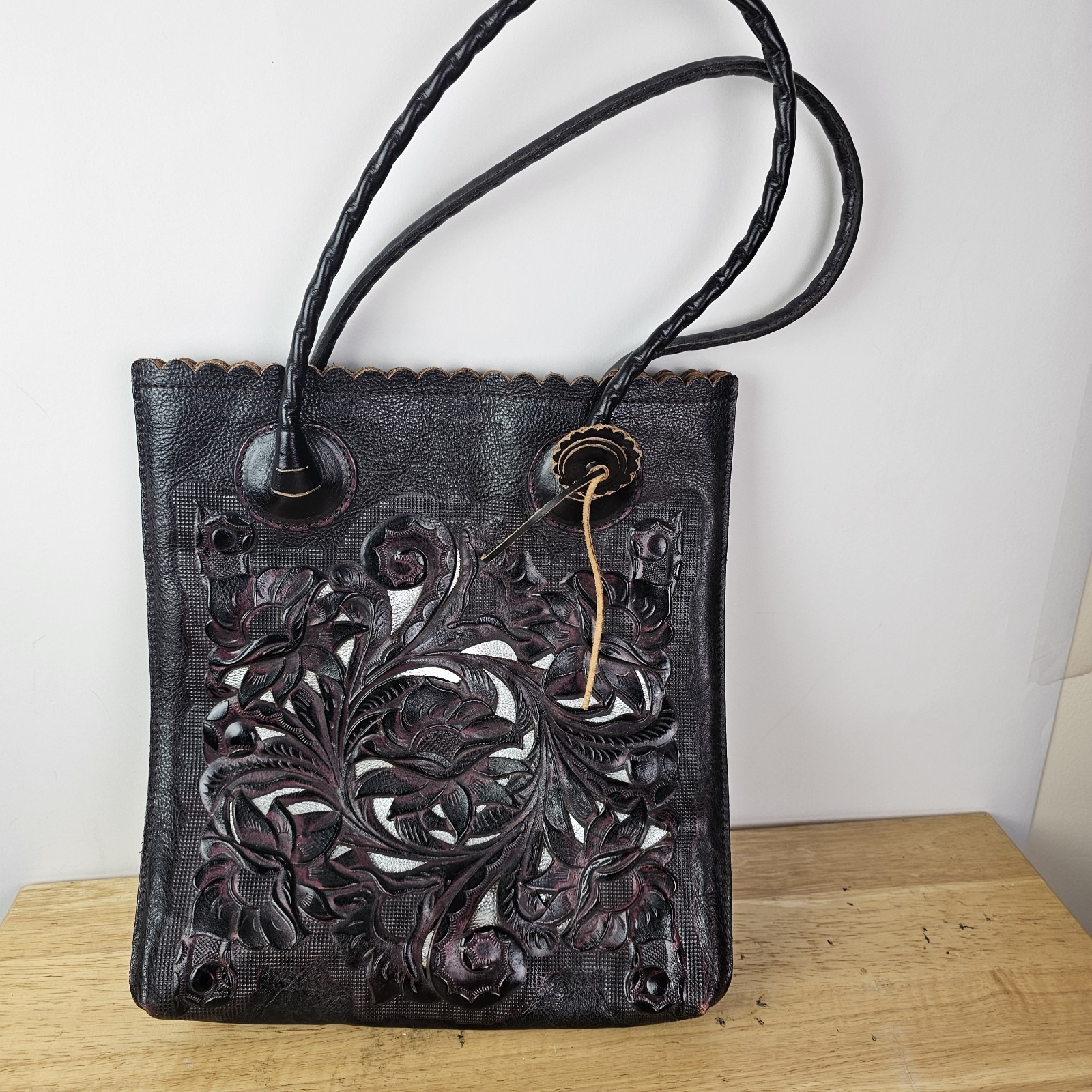 Patricia Nash Cavo Dark Brown Burgundy Tooled Leather Floral Cutout Shoulder Bag